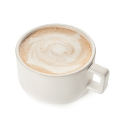 Cup of hot cappuccino coffee on white background
