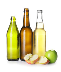 Bottles of apple cider on white background