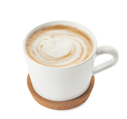 Cup of hot cappuccino coffee on white background