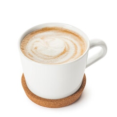 Cup of hot cappuccino coffee on white background