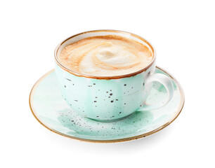 Cup of hot cappuccino coffee on white background