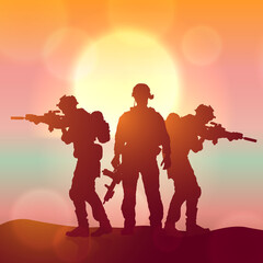Fototapeta premium Silhouette of a soliders against the sunrise. Concept - protection, patriotism, honor. Armed forces of Turkey, Israel, Egypt and other countries. EPS10 vector.