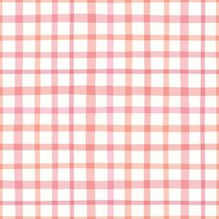 Check pattern in pink. Vector seamless repeat of hand drawn checked gingham design. Cute geometric illustration.