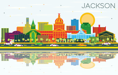 Naklejka premium Jackson Mississippi City Skyline with Color Buildings, Blue Sky and Reflections.