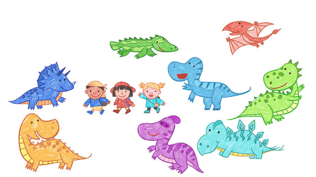 3 little adventurers with Dinosaur Background Art Backdrop. Cute cartoon oil pastel drawing crayon doodle for children book illustration, poster, backdrop, or wall painting.