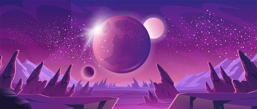 Space background with purple planet landscape, stars, satellites and alien planets in sky. Vector cartoon fantasy illustration of cosmos, cracked stone surface with rocks and mountains