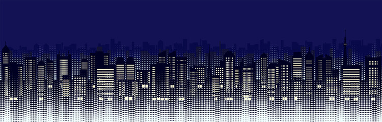 ビルのある都市風景のイラスト（夜）