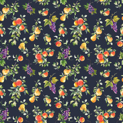 Beautiful seamless pattern with hand drawn watercolor tasty summer pear apple grape fruits. Stock illustration.