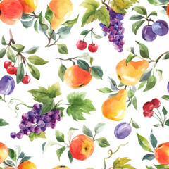 Beautiful seamless pattern with hand drawn watercolor tasty summer pear apple grape cherry plum fruits. Stock illustration.