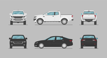 Car in different view. Front, back, top and side car projection. Flat illustration for designing. Vector auto. - obrazy, fototapety, plakaty