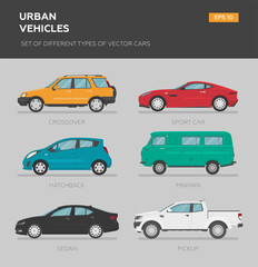 Obraz premium Set of isolated vector cars. 4x4, business auto, vintage car, sedan, hatchback, coupe, sport, camper van. 