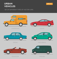 Set of isolated vector cars. 4x4, business auto, vintage car, sedan, hatchback, coupe, sport, camper van. 