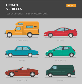 Set of isolated vector cars. 4x4, business auto, vintage car, sedan, hatchback, coupe, sport, camper van. 