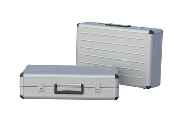 Two modern metal closed suitcases isolated on white background. Safety briefcases for money or documents. 3d render