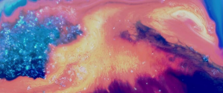 Macro Textures with Vibrant Neon Color Palette. Abstract Background Made with Oil Mixed with Orange and Blue Dye, Ink, and Paint.