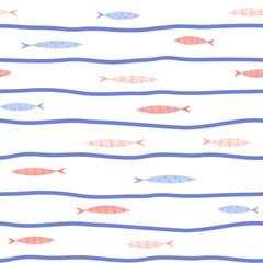 Seamless pattern with cute fish drawing between blue waves. Vector cartoon illustration
