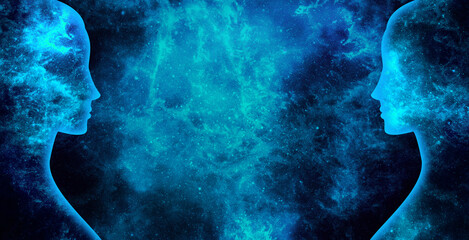 Female shining cosmic silhouettes on a background of blue starry universe © Alrika 