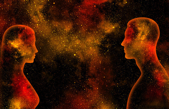 Female and male shining silhouettes on a background of yellow and red starry universe