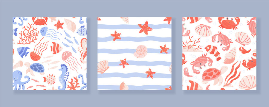Set of seamless patterns with sea and ocean animals, corals and shells. Vector cartoon illustration