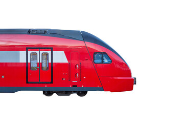 Suburban train passing at high speed, side view. Isolated on white background.