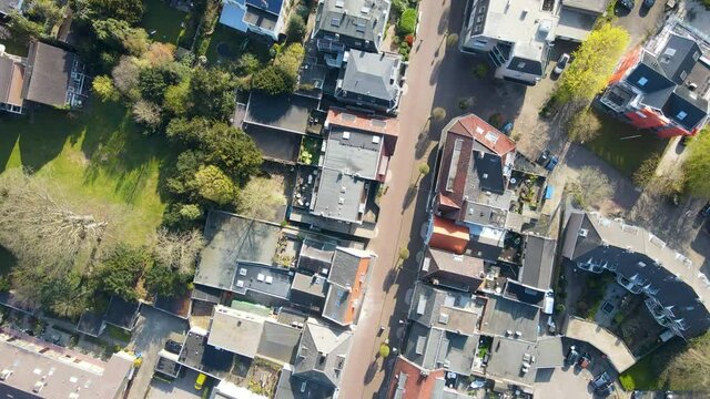 Top down Aerial of small shopping district in Baarn, the Netherlands