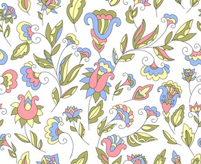 Floral seamless background pattern. Ethnic vector illustration. fantasy flowers and leaves. Oriental style