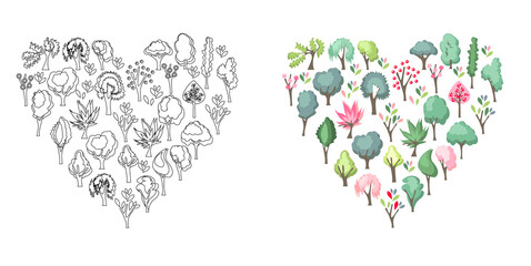 Black and white and colored heart made of different trees. Illustration can be used for coloring book and pictures for children.