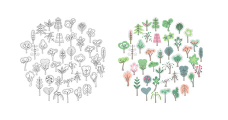 Black and white and colored circle  with decorative trees. Illustration can be used for coloring book and pictures for children.