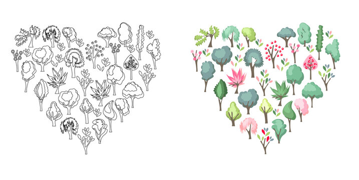 Black and white and colored heart made of different trees. Illustration can be used for coloring book and pictures for children.