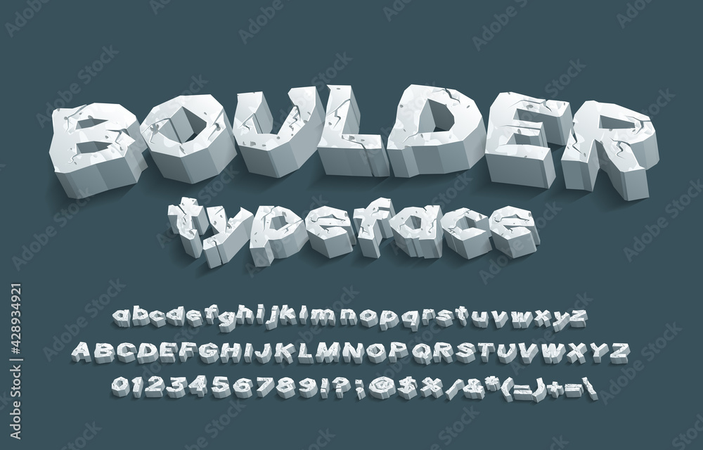 Fototapete boulder alphabet font. 3d cracked stone letters, numbers and punctuation. uppercase and lowercase. s