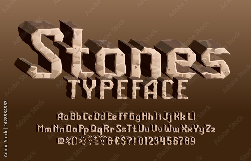 Fototapete stones alphabet font. 3d cartoon letters, numbers and symbols. uppercase and lowercase. stock vector