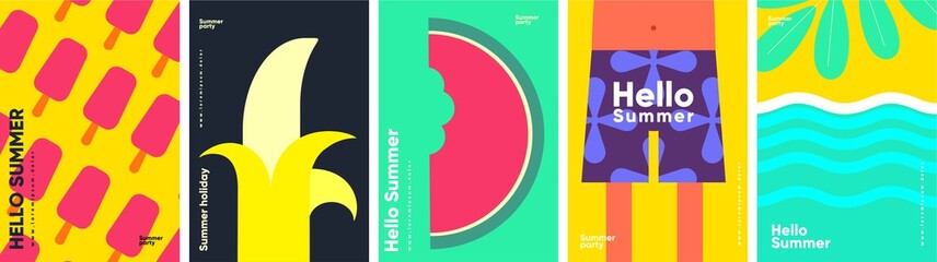 Ice cream, bananas. Summer. Flat vector illustration. Summer time, background patterns on the theme of summer, vacation, weekend, beach. Perfect background for posters, cover art, flyer, banner. © Molibdenis-Studio