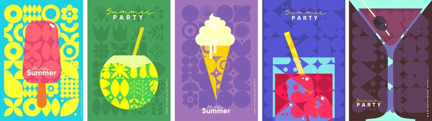 Ice cream. Summer. A set of flat vector illustrations. Summer time, background patterns on the theme of summer, vacation, weekend, beach. Perfect background for posters, cover art, flyer, banner.