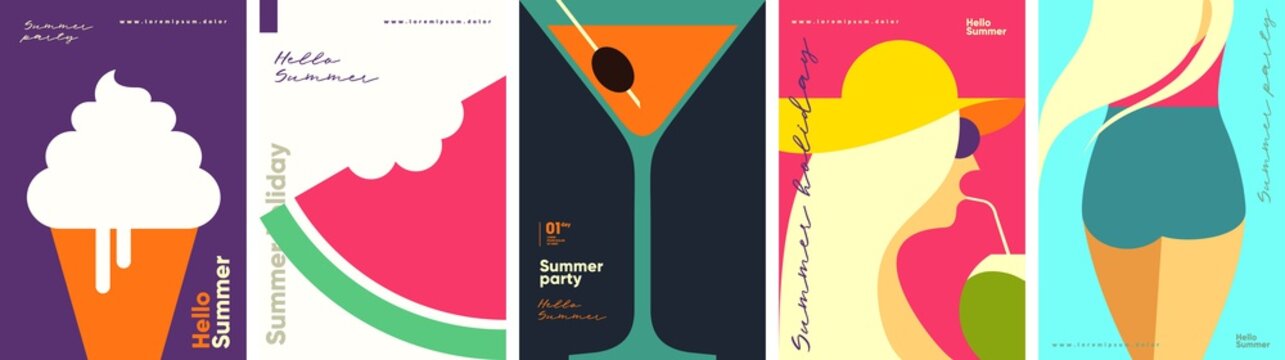 Summer. A set of flat vector illustrations. Summer time, background patterns. Ice cream, watermelon, cocktail, girls. Perfect background for posters, cover art, flyer, banner.