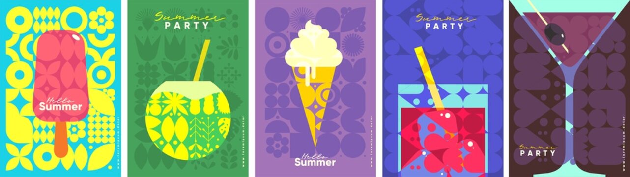 Ice cream. Summer. A set of flat vector illustrations. Summer time, background patterns on the theme of summer, vacation, weekend, beach. Perfect background for posters, cover art, flyer, banner.