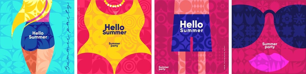 Summer. A set of flat vector illustrations. Summer time, background patterns on the theme of summer, vacation, weekend, beach. Perfect background for posters, cover art, flyer, banner.