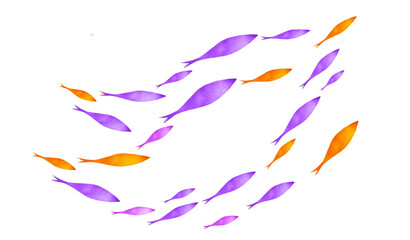 Silhouettes of groups of  fishes on white. Watercolor