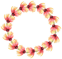 Watercolor wreath with hand drawn orange echinacea. Wildflowers for wedding invitations, birthday cards.
