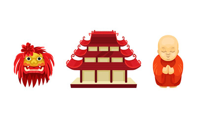 Chinese Culture Symbols with Pagoda Temple and Buddhist Monk Vector Set