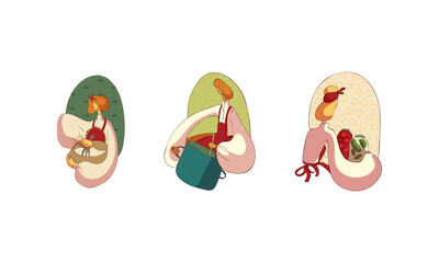 Woman in Apron Mixing Something in Bowl and Preserving Vegetables in Glass Jars Vector Set