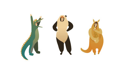 Man Character Wearing Animal Costume Participating in Masquerade and Celebrating Party Vector Set