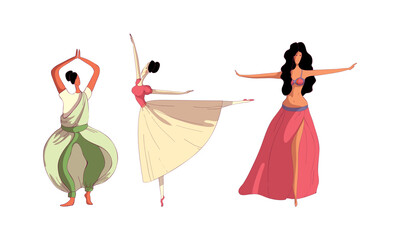 Young Woman Performing Different Folk Dances Moving Gracefully Vector Set
