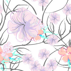 Pink Flowers Blooming Pattern. Pastel Watercolor.