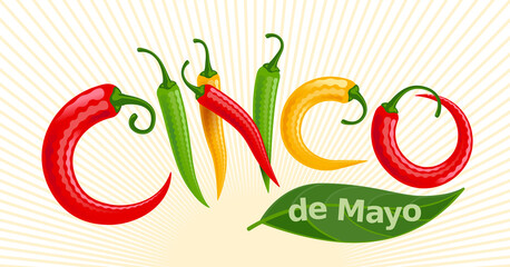 Cinco de Mayo lettering with red, green and yellow Chilli peppers