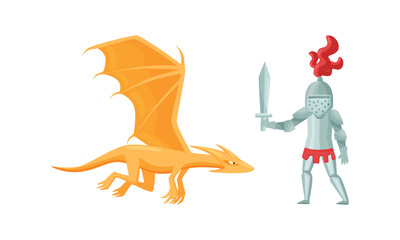 Brave Medieval Knight in Armored Suit Holding Shield and Weapon Fighting with Fire Breathing Dragon Vector Illustration