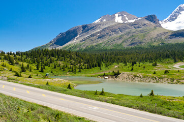 Fototapeta premium Mountain road in Rocky Mountains, Alberta, Canada.