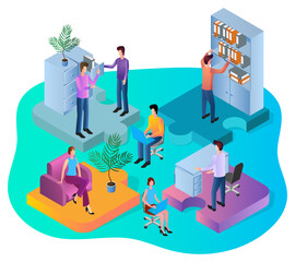 Office work.People in the office work and communicate with each other.The concept of coworking and teamwork.Isometric vector illustration.