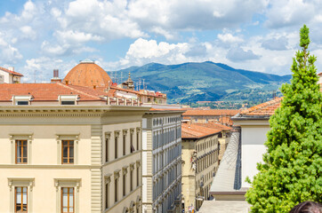Roof view at Palazzo Vecchio and Cathedral of Santa Maria del Fiore (Duomo), Florence, Italy