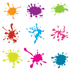 Splashes and stains.A set of colored blots, spots and splashes imitating natural paint.Flat vector illustration. - obrazy, fototapety, plakaty