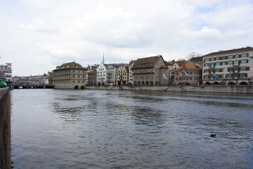 Medieval old town of Zurich with river Limmat at springtime. Photo taken April 19th, 2021, Zurich, Switzerland.